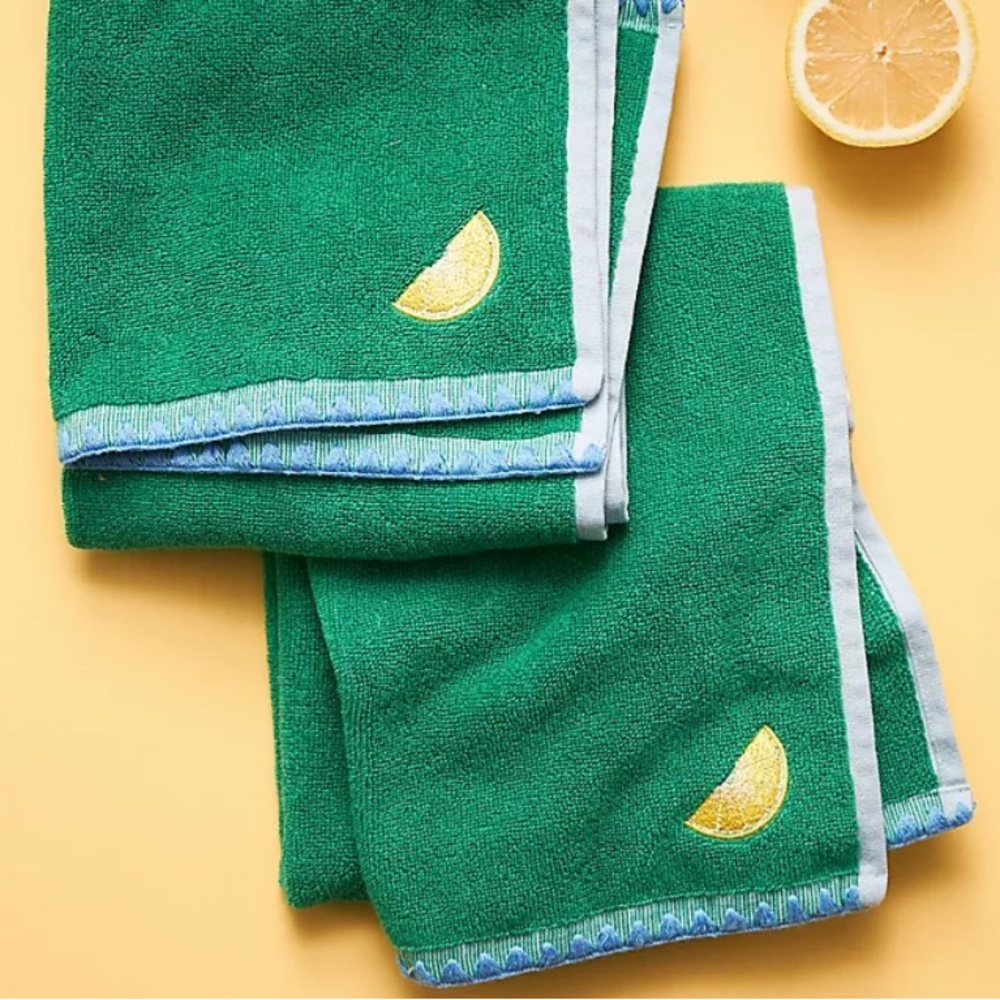 Anthropologie Green Towels w Icon Lemon or Sun or Wave